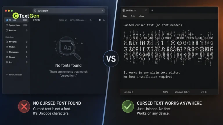 Is Cursed Text a Font? The Real Truth About Its Characters comparison showing that cursed text is a font by contrasting a font manager with plain text editor results