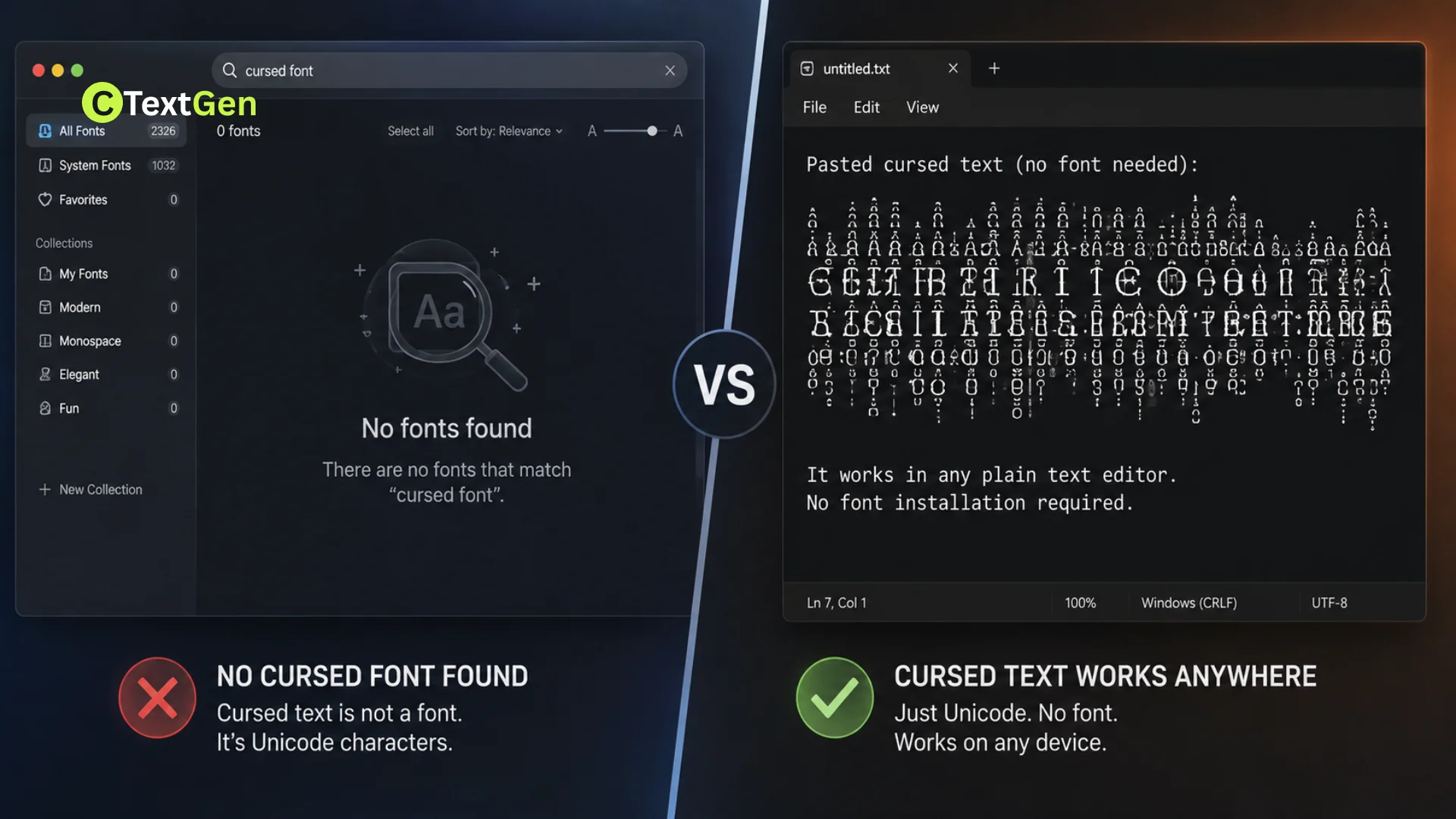 comparison showing that cursed text is a font by contrasting a font manager with plain text editor results