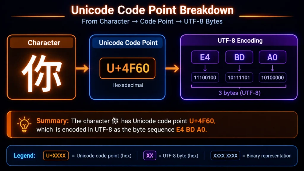 diagram explaining what Unicode symbols are by breaking down a character's code point and UTF-8 encoding