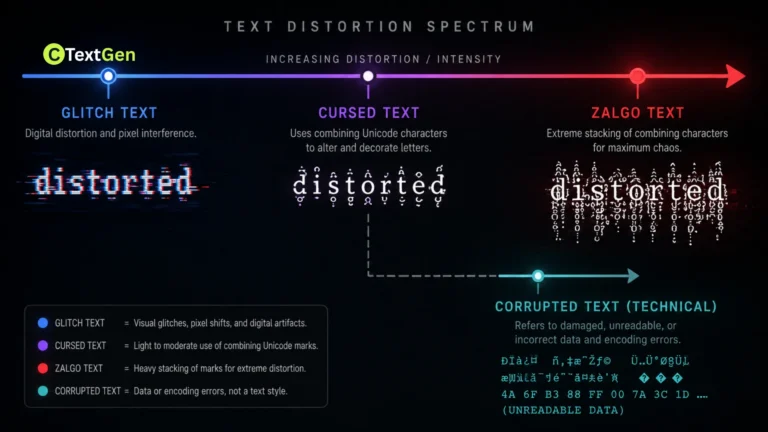 Cursed Text vs Glitch Text vs Zalgo vs Corrupted Text spectrum graphic comparing cursed text vs glitch text intensity alongside zalgo and corrupted text