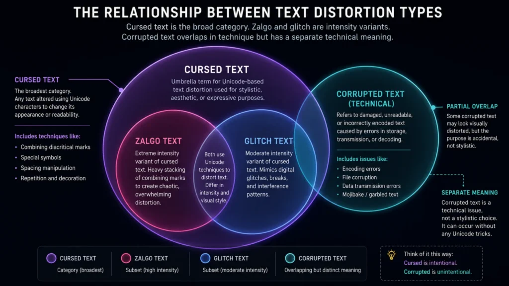 venn diagram comparing cursed text vs glitch text alongside zalgo and corrupted text